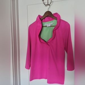 Gretchen Scott Pink Ruffle Neck Top